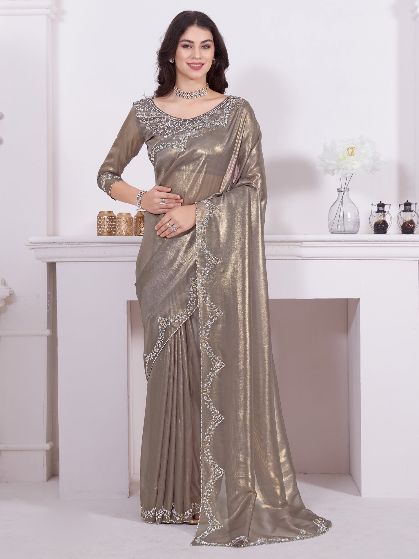 Women's Organza Bronze Embellished Designer Saree With Blouse Piece