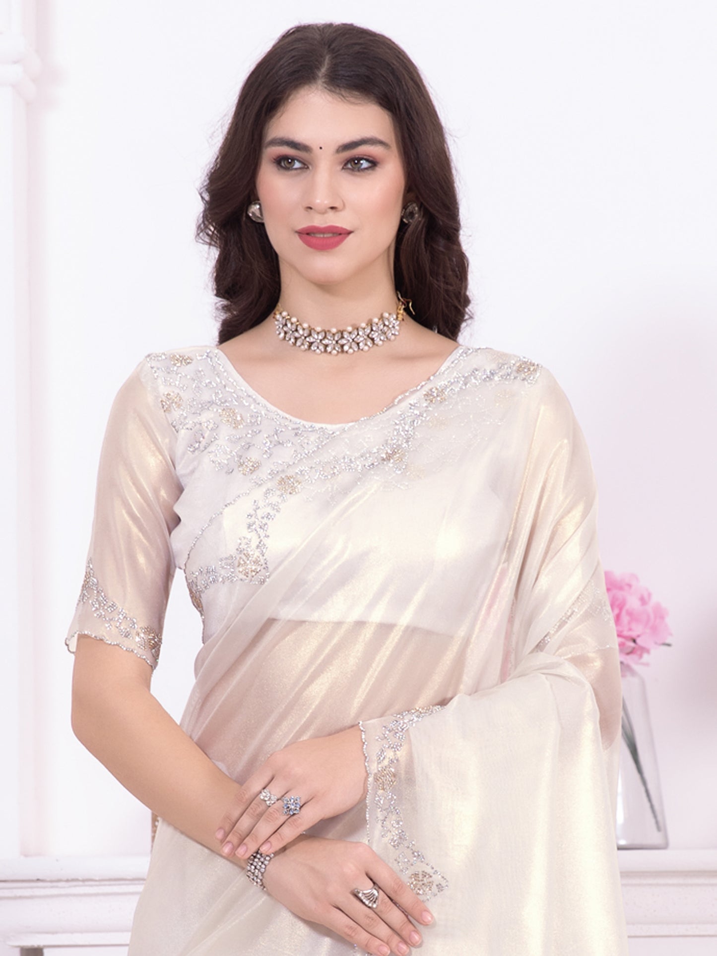 Women's Organza White Embellished Designer Saree With Blouse Piece