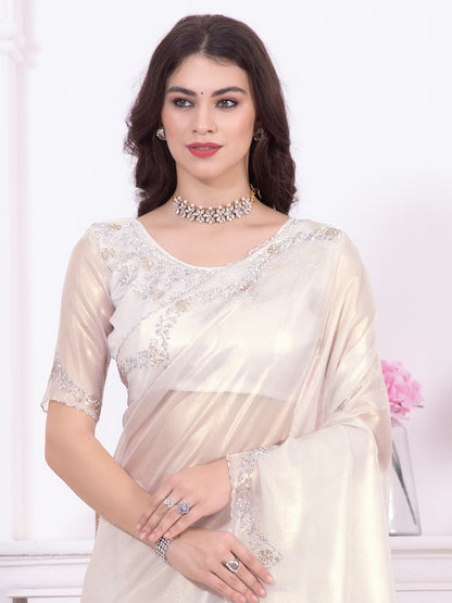 Women's Organza White Embellished Designer Saree With Blouse Piece
