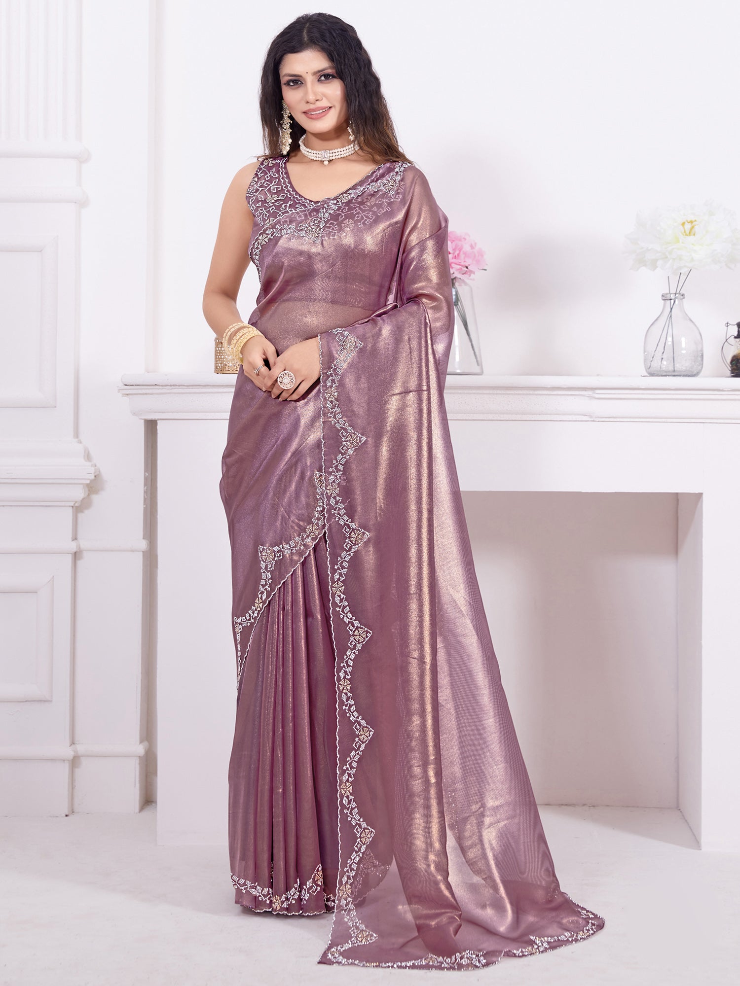 Women's Organza Mauve Embellished Designer Saree With Blouse Piece