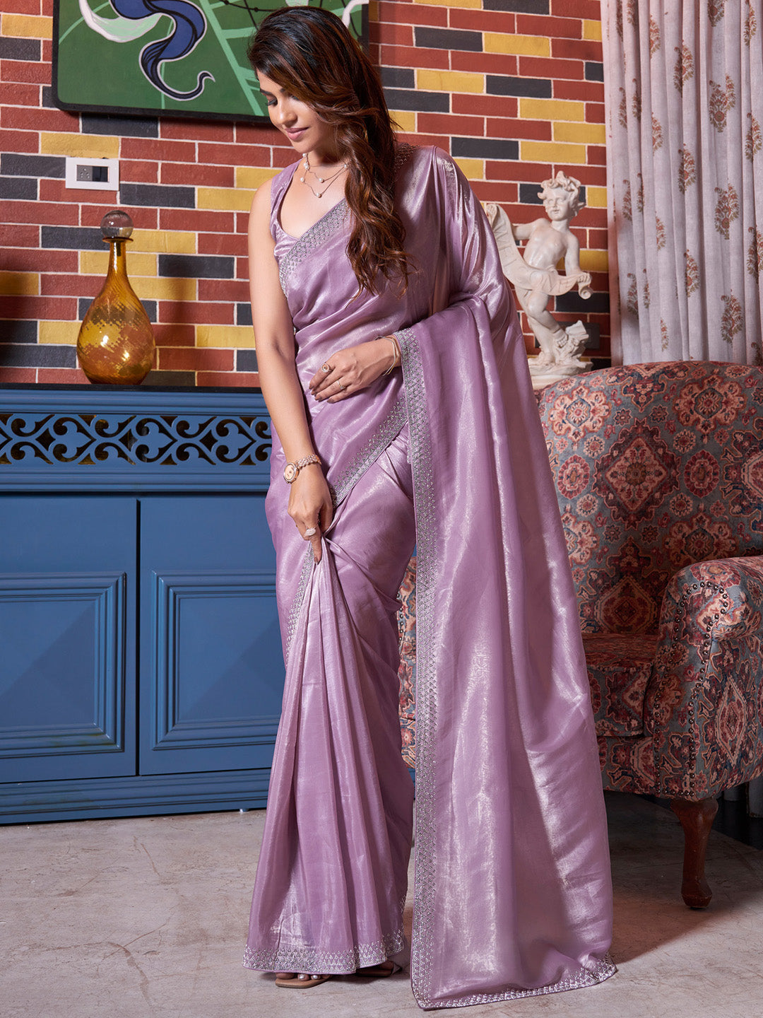 Women's Pure Silk Mauve Embellished Designer Saree With Blouse Piece