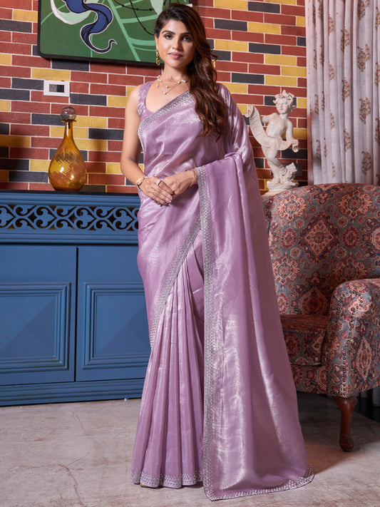 Women's Pure Silk Mauve Embellished Designer Saree With Blouse Piece