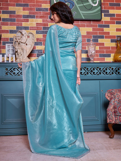 Women's Pure Silk Blue Embellished Designer Saree With Blouse Piece