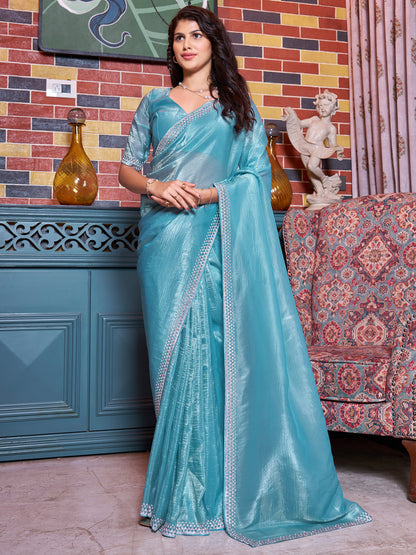 Women's Pure Silk Blue Embellished Designer Saree With Blouse Piece