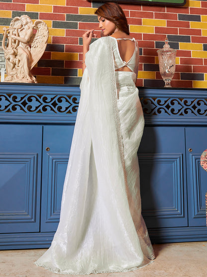 Women's Pure Silk Off White Embellished Designer Saree With Blouse Piece