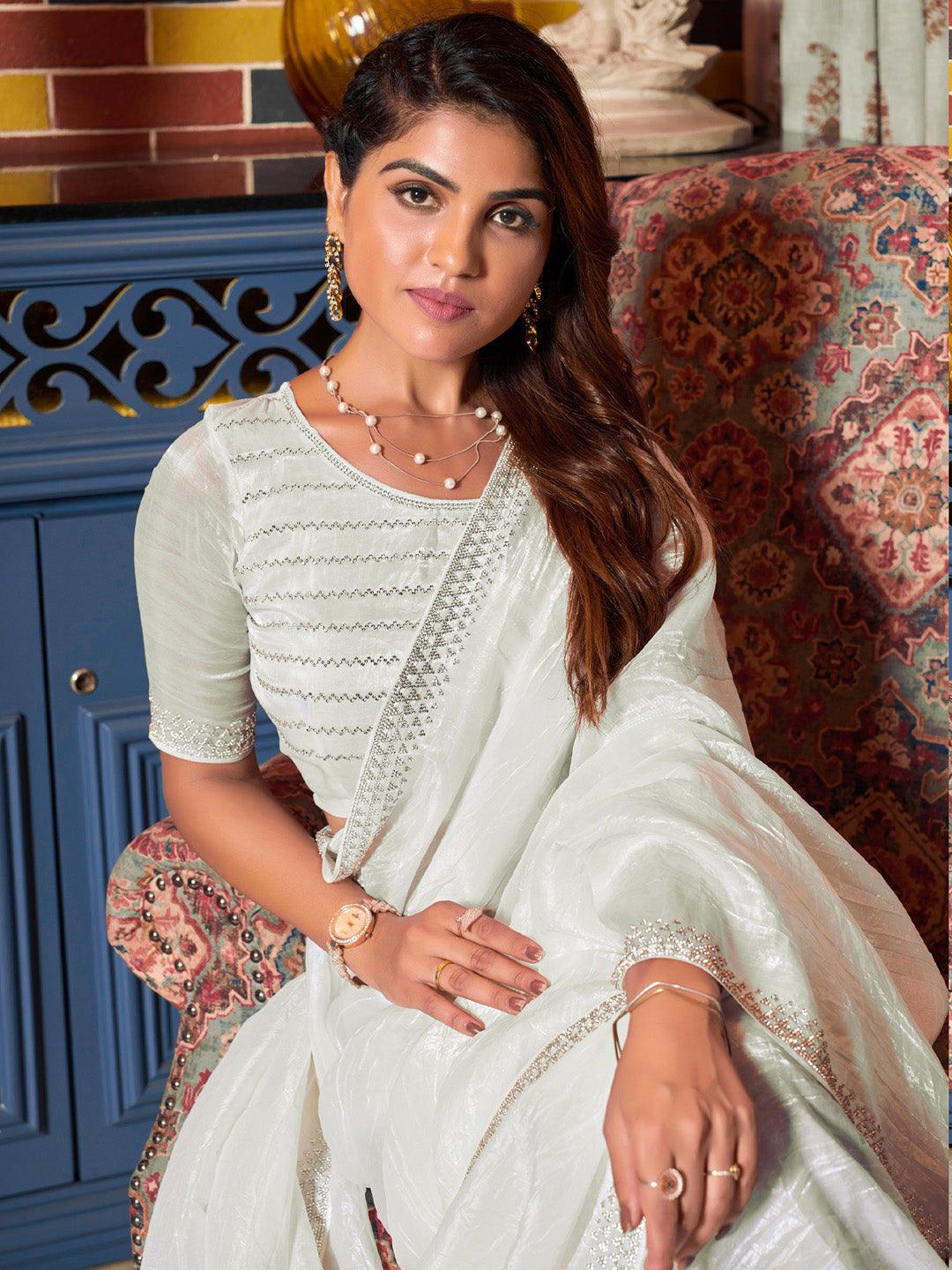 Women's Pure Silk Off White Embellished Designer Saree With Blouse Piece