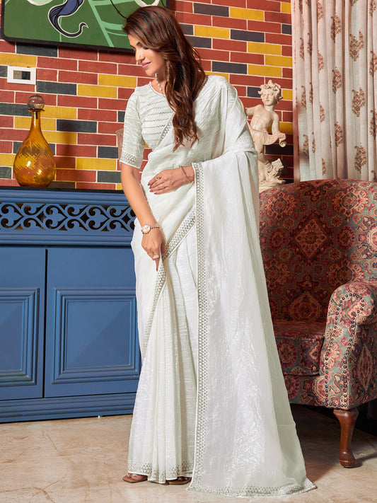 Women's Pure Silk Off White Embellished Designer Saree With Blouse Piece