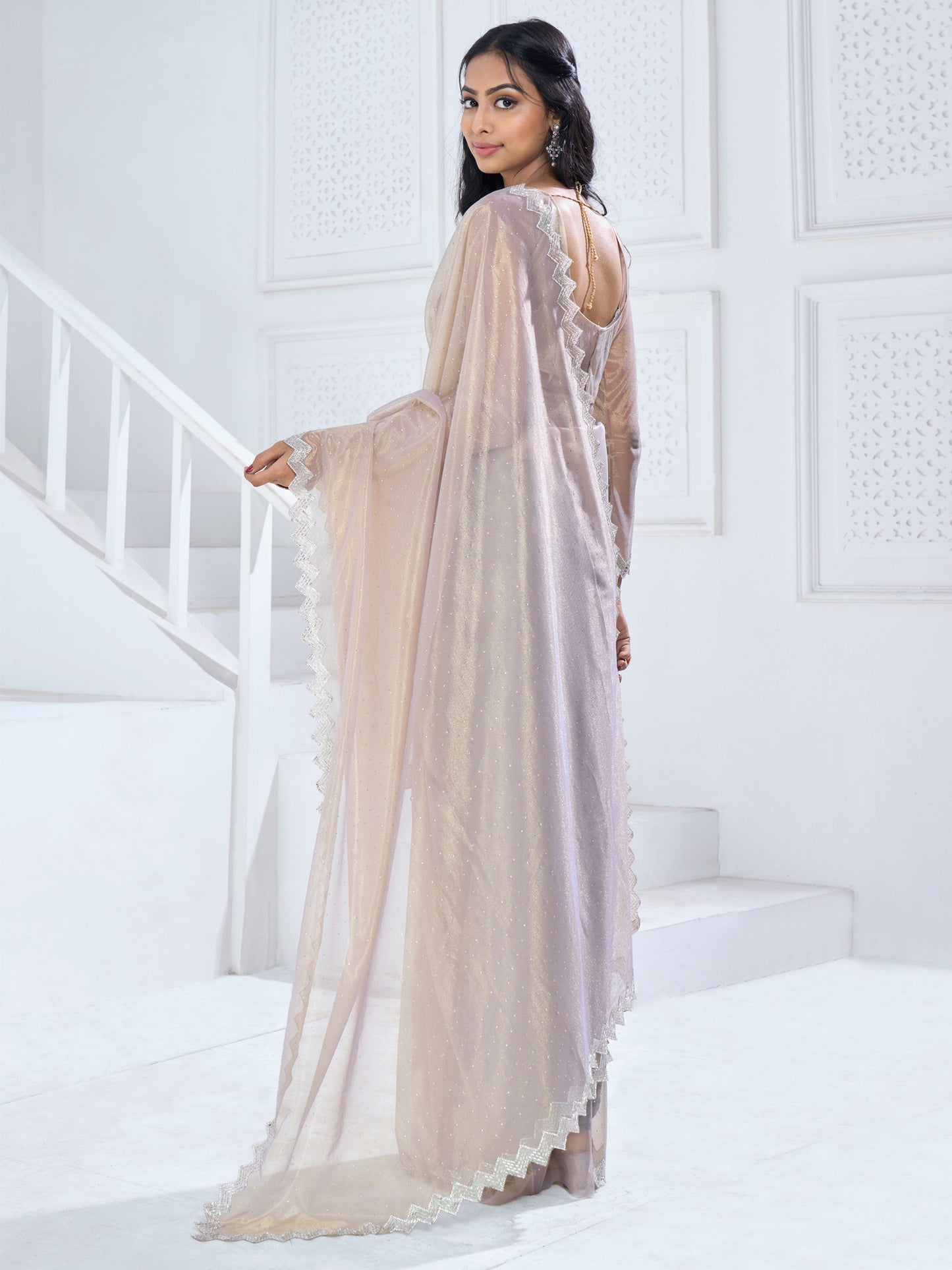 Women's Organza Beige Embellished Designer Saree With Blouse Piece