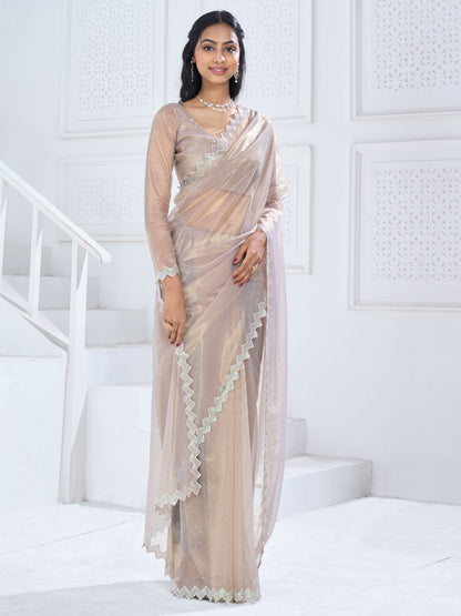 Women's Organza Beige Embellished Designer Saree With Blouse Piece