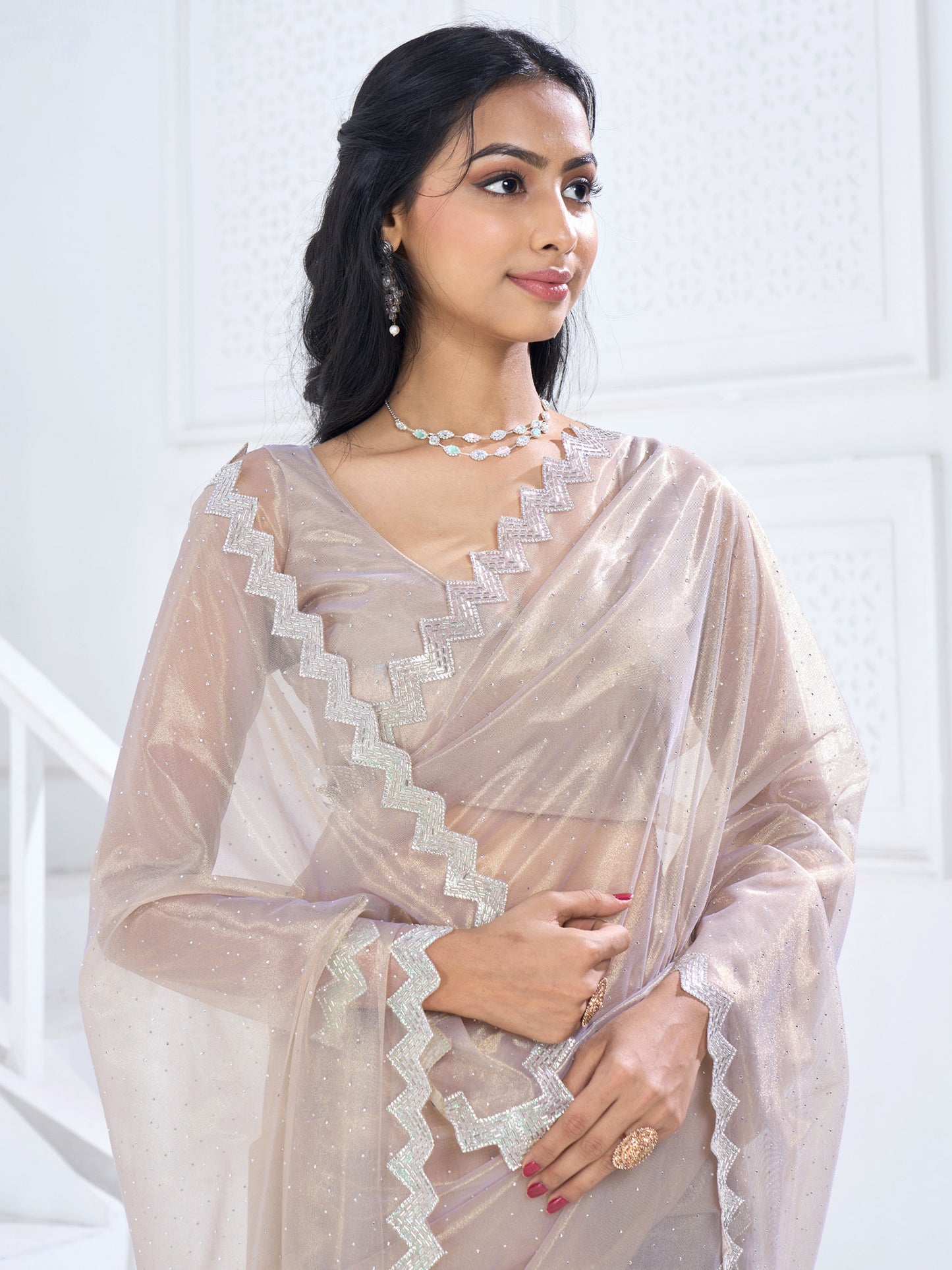 Women's Organza Beige Embellished Designer Saree With Blouse Piece