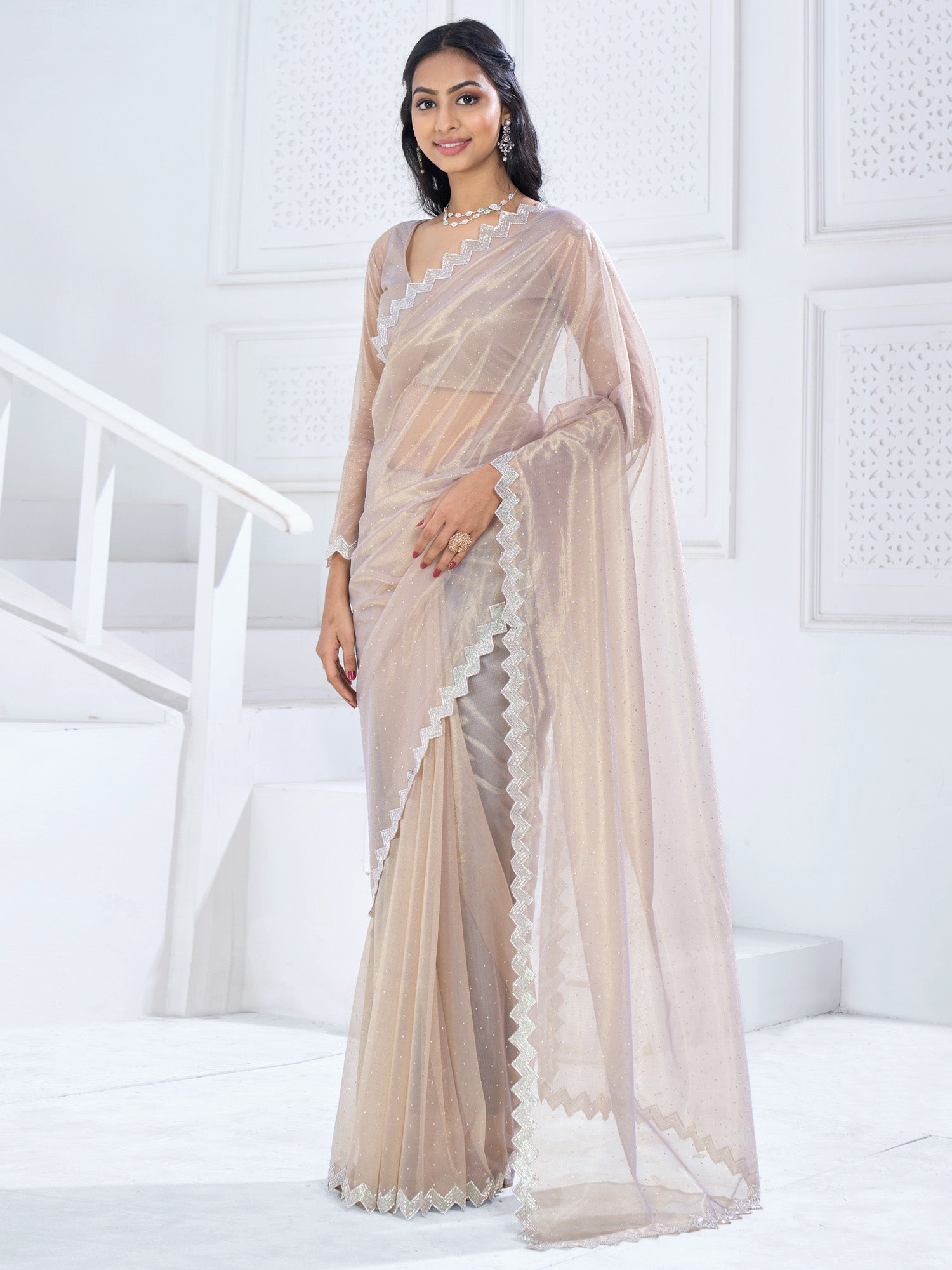 Women's Organza Beige Embellished Designer Saree With Blouse Piece