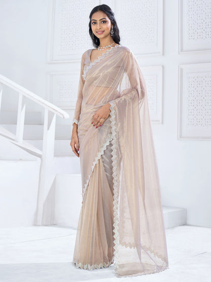 Women's Organza Beige Embellished Designer Saree With Blouse Piece