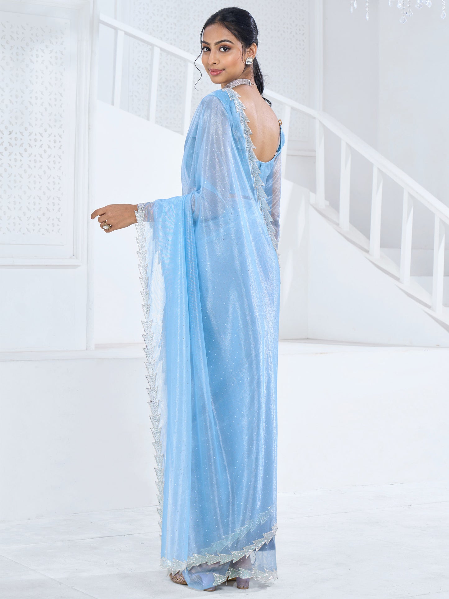 Women's Organza Light Blue Embellished Designer Saree With Blouse Piece
