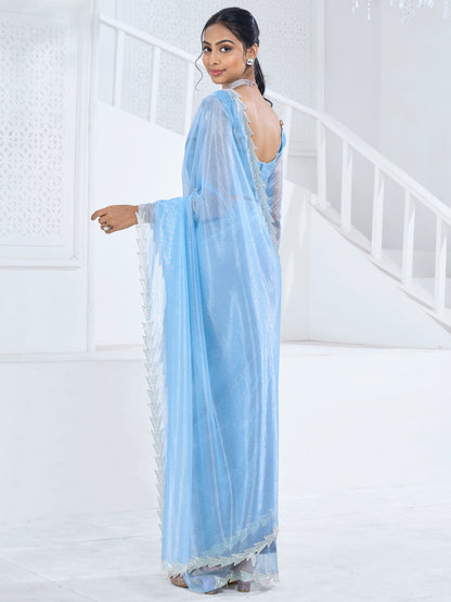 Women's Organza Light Blue Embellished Designer Saree With Blouse Piece