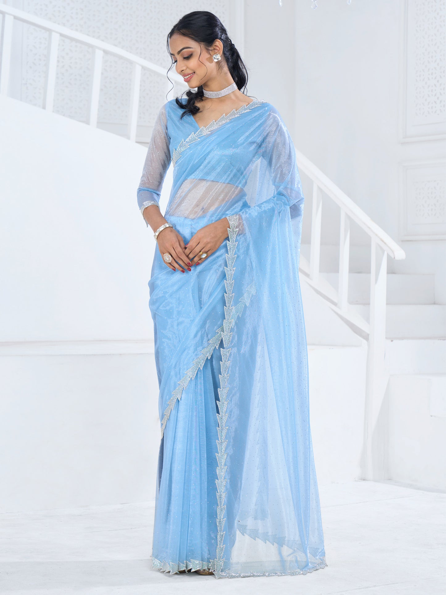 Women's Organza Light Blue Embellished Designer Saree With Blouse Piece