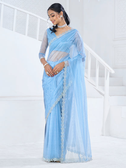 Women's Organza Light Blue Embellished Designer Saree With Blouse Piece