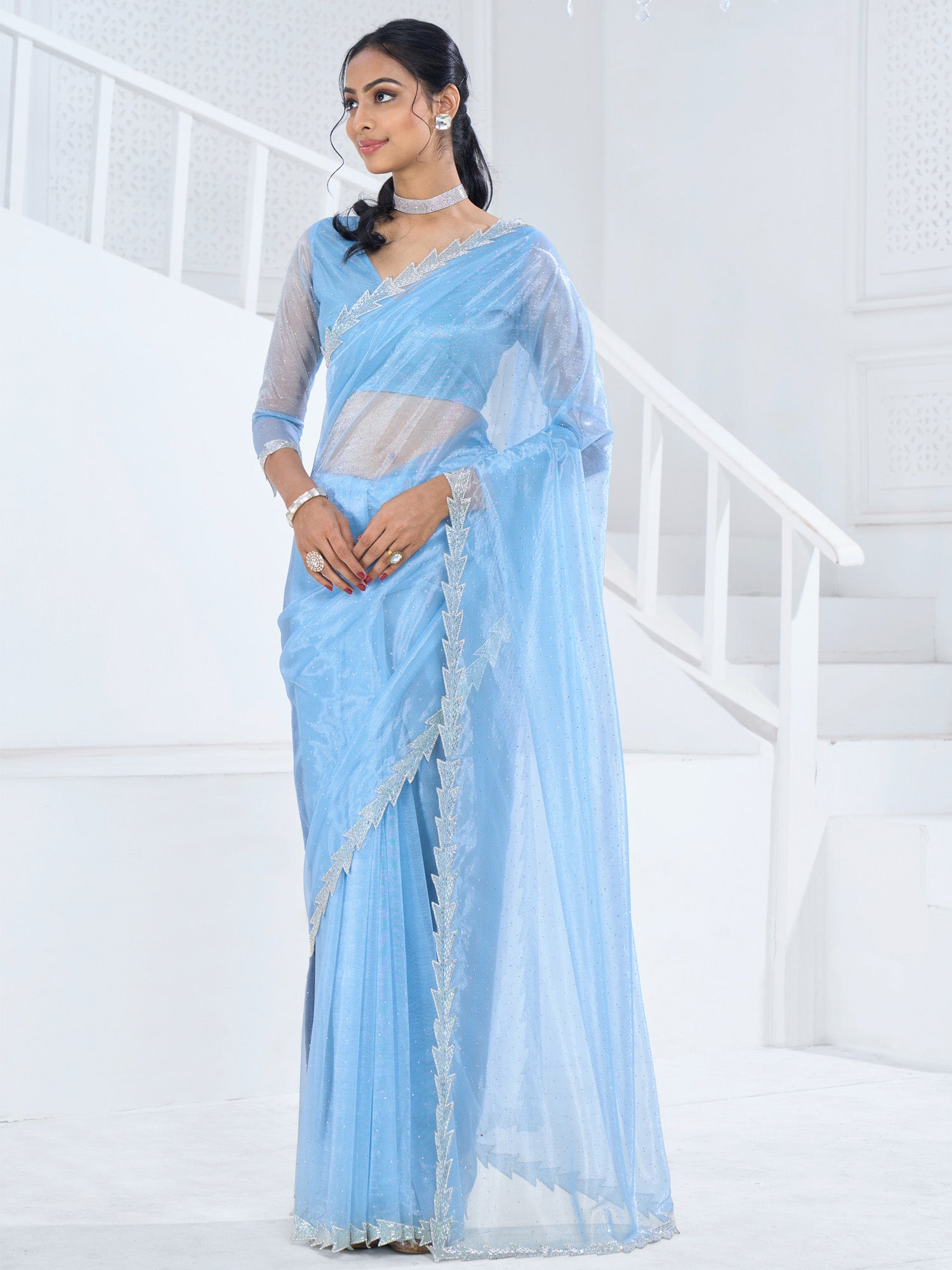 Women's Organza Light Blue Embellished Designer Saree With Blouse Piece