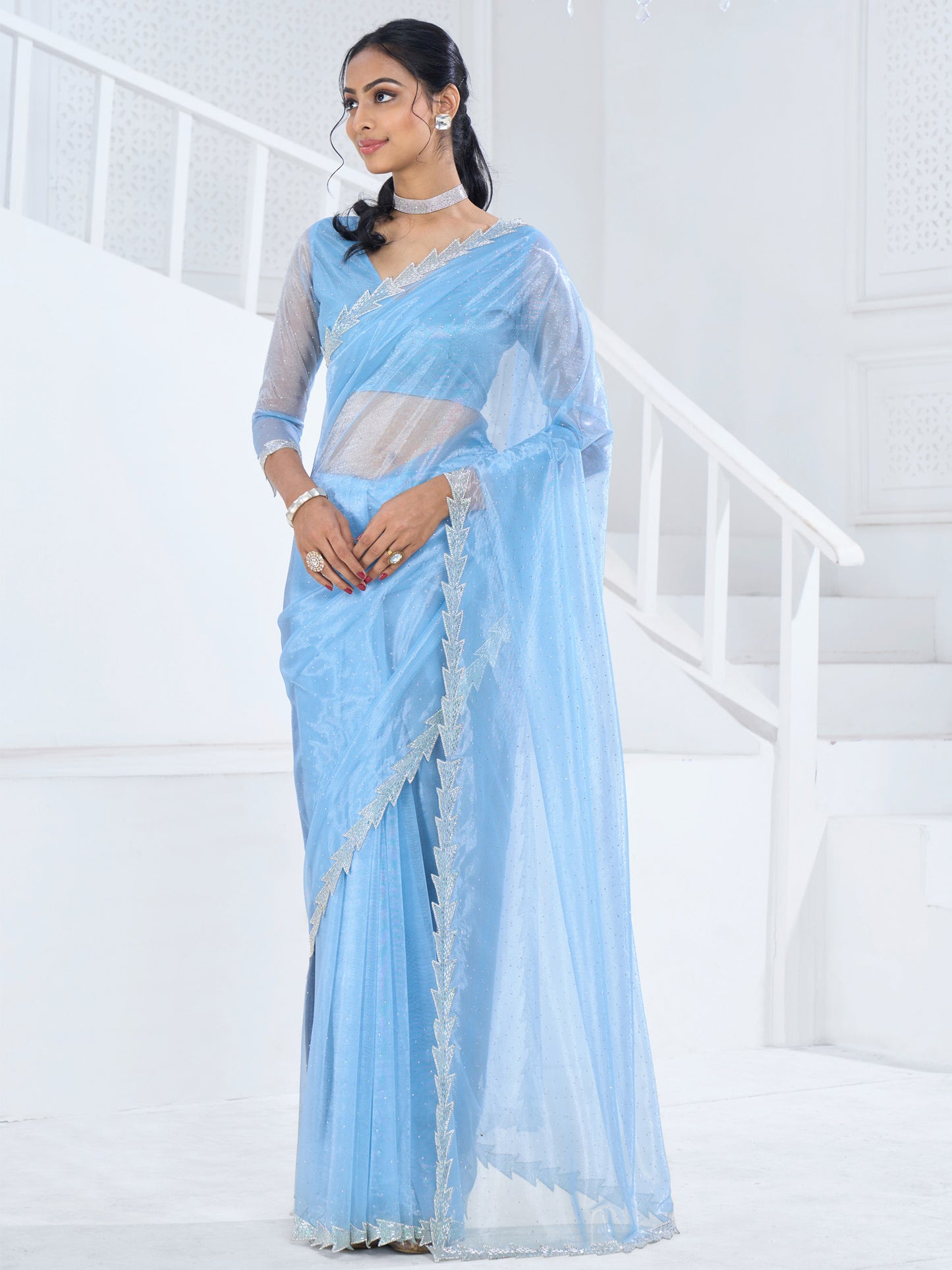 Women's Organza Light Blue Embellished Designer Saree With Blouse Piece