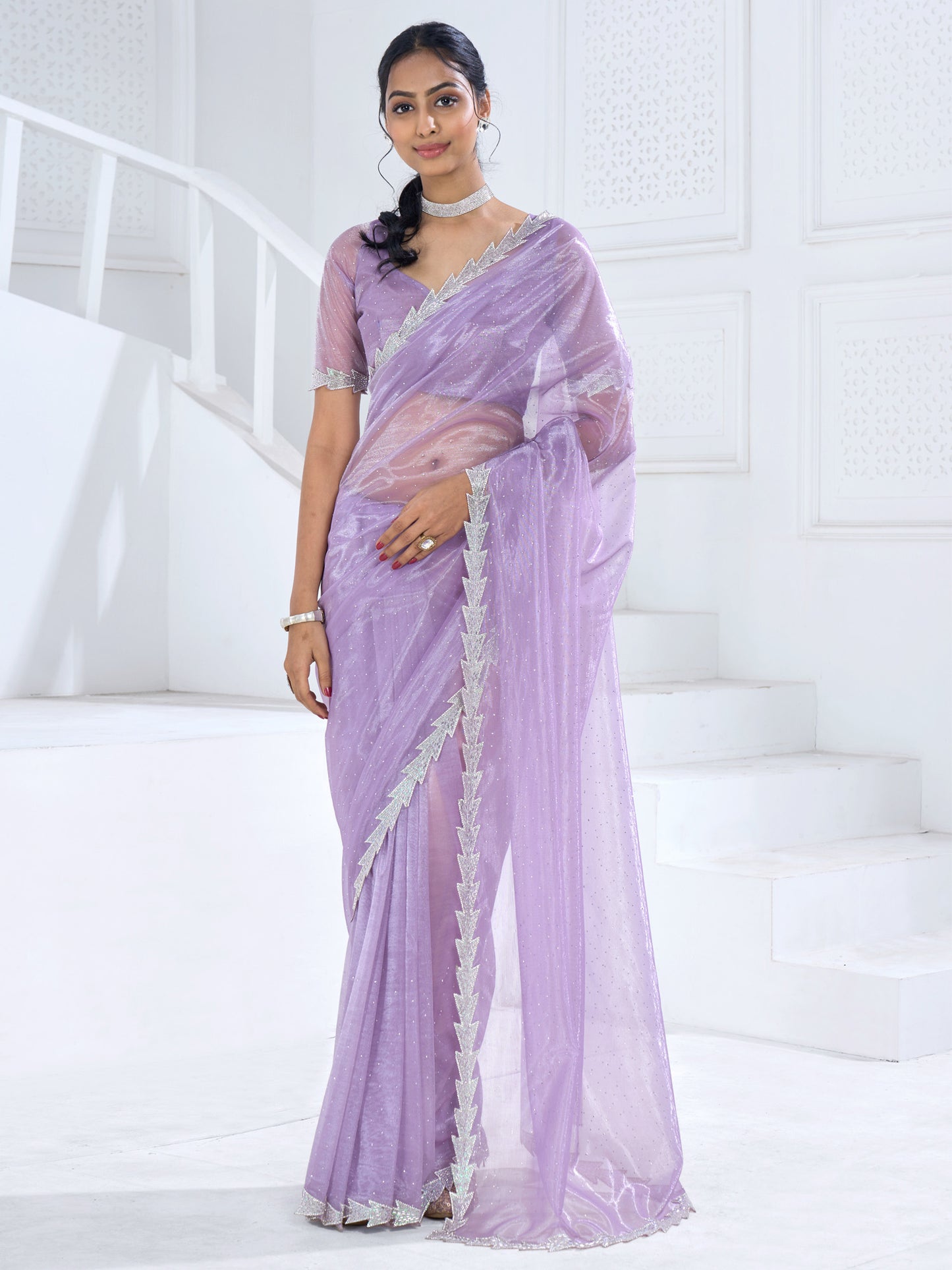 Women's Organza Mauve Embellished Designer Saree With Blouse Piece