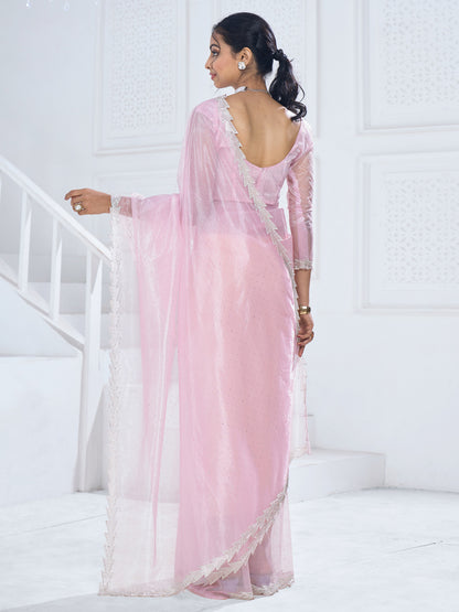 Women's Organza Pink Embellished Designer Saree With Blouse Piece