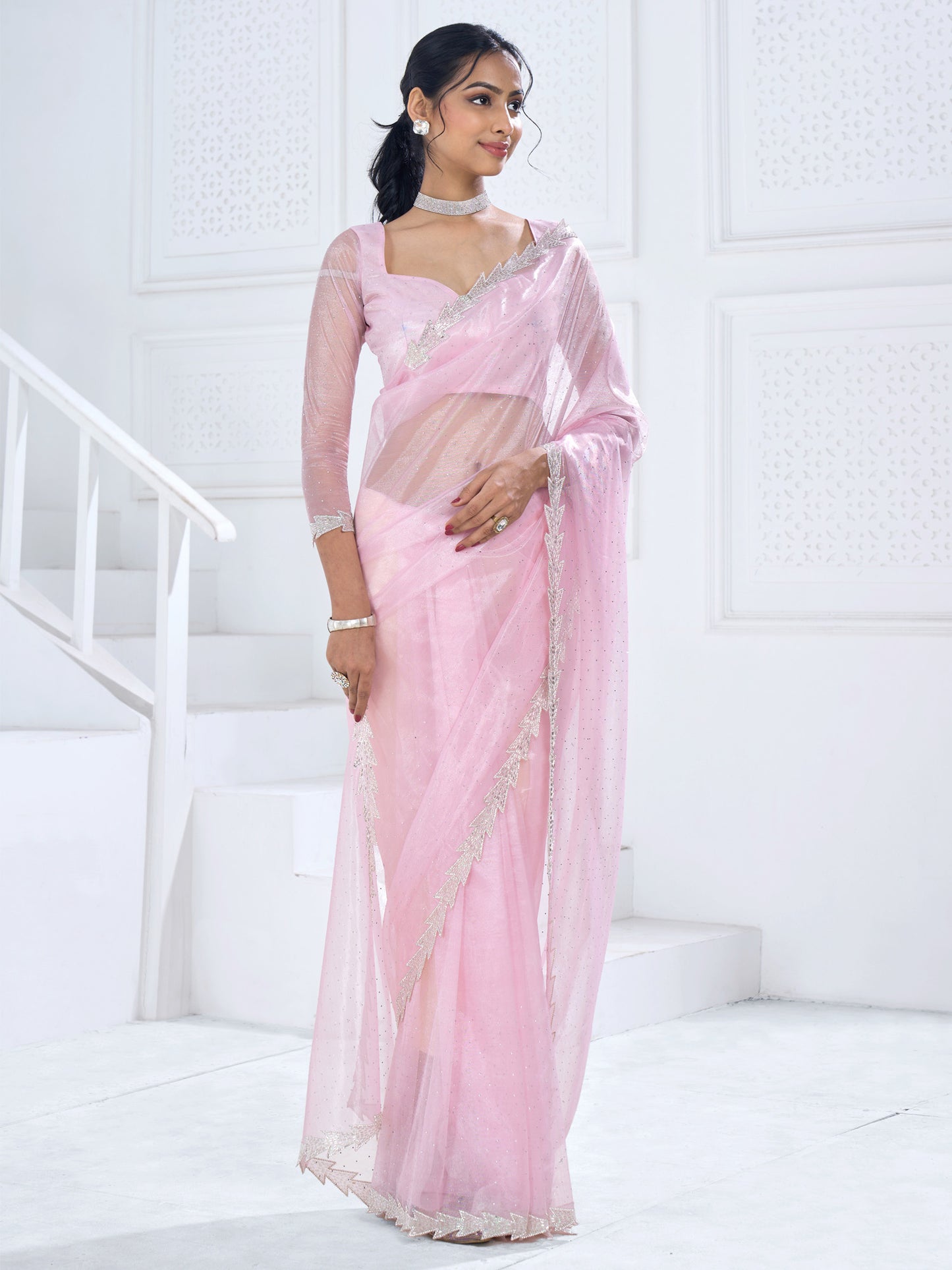 Women's Organza Pink Embellished Designer Saree With Blouse Piece