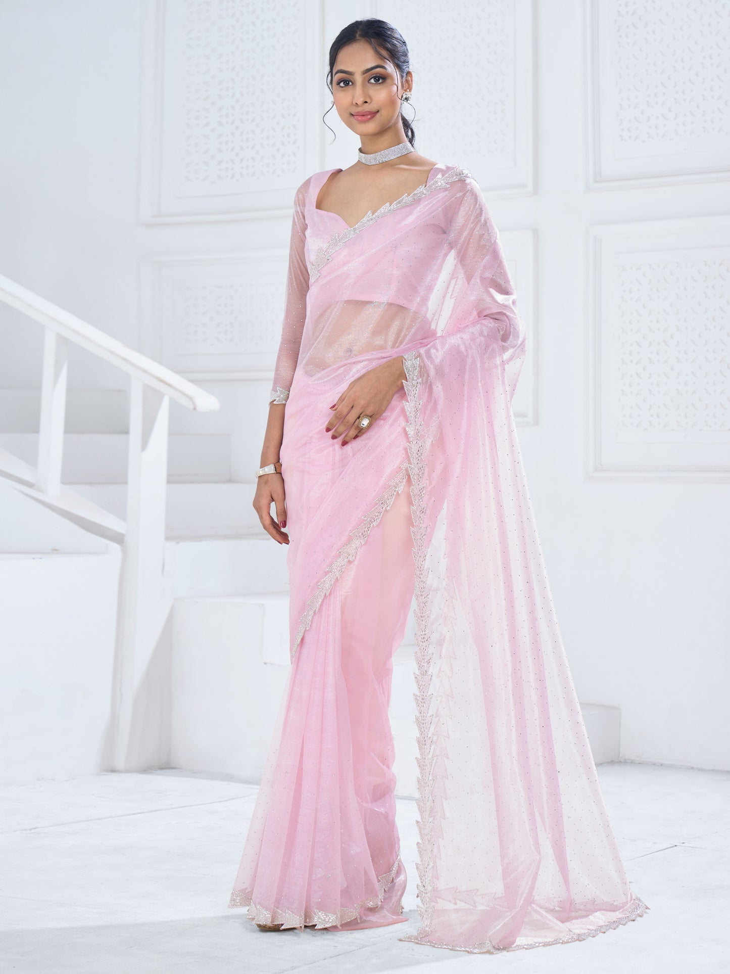 Women's Organza Pink Embellished Designer Saree With Blouse Piece