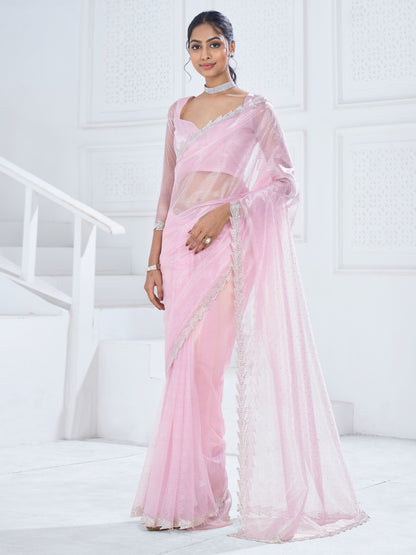 Women's Organza Pink Embellished Designer Saree With Blouse Piece