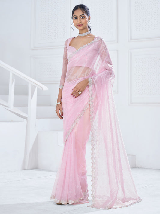 Women's Organza Pink Embellished Designer Saree With Blouse Piece