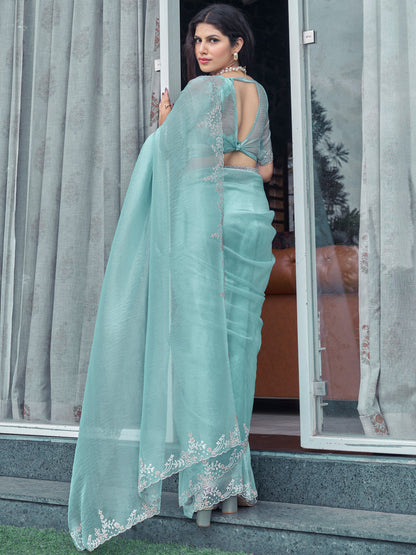 Women's Organza Light Blue Embellished Designer Saree With Blouse Piece