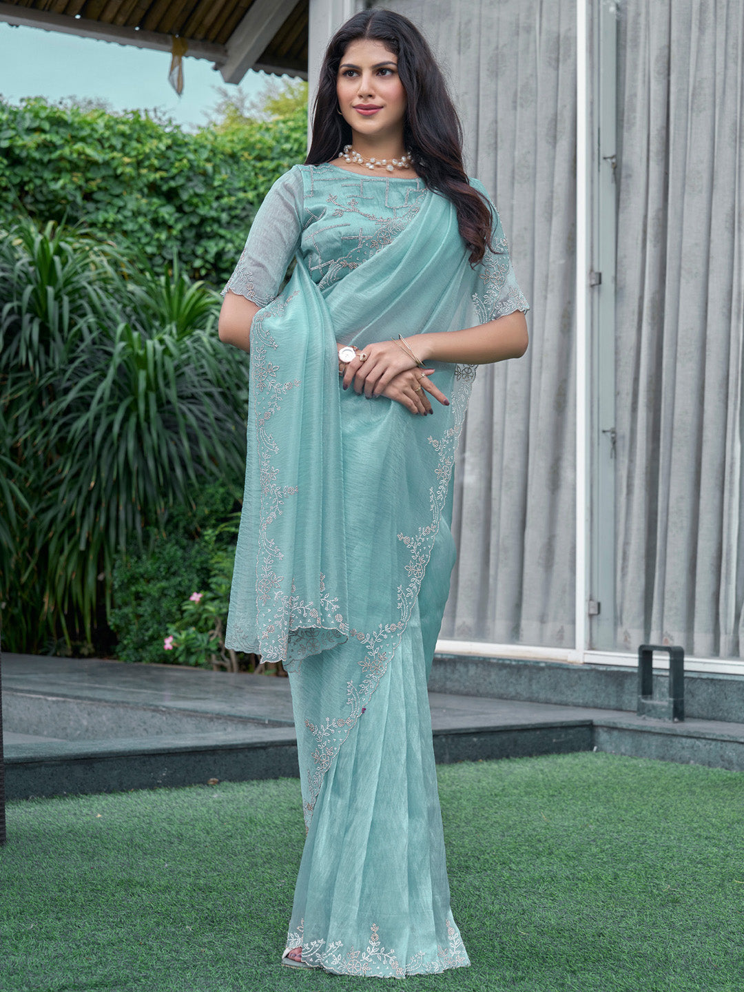 Women's Organza Light Blue Embellished Designer Saree With Blouse Piece