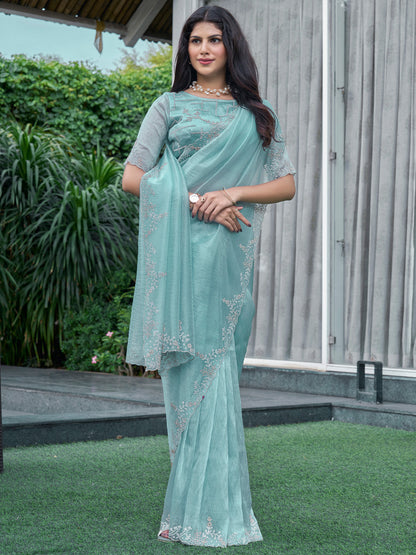 Women's Organza Light Blue Embellished Designer Saree With Blouse Piece