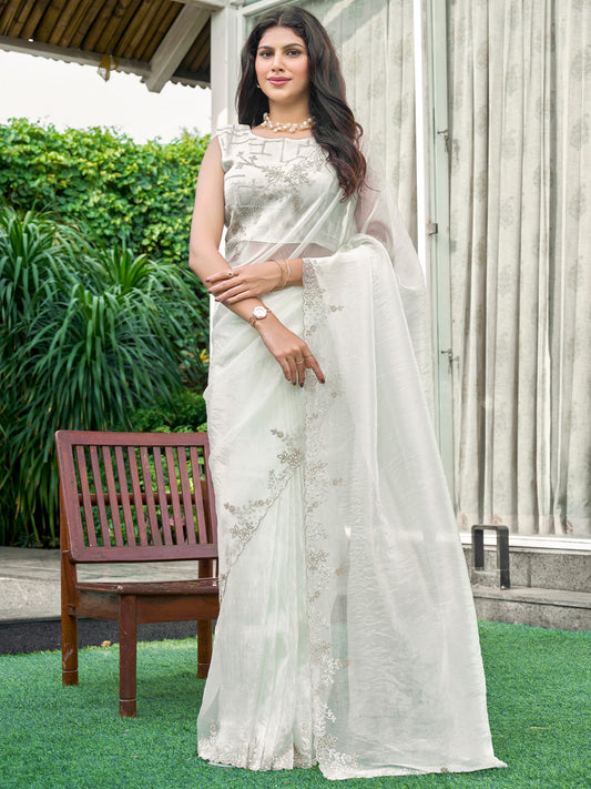 Women's Organza Off White Embellished Designer Saree With Blouse Piece