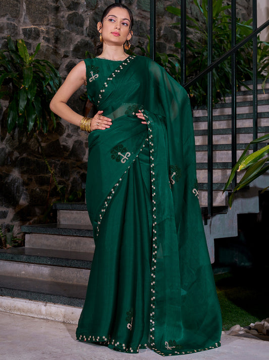 Women's Organza Teal green Embellished Designer Saree With Blouse Piece