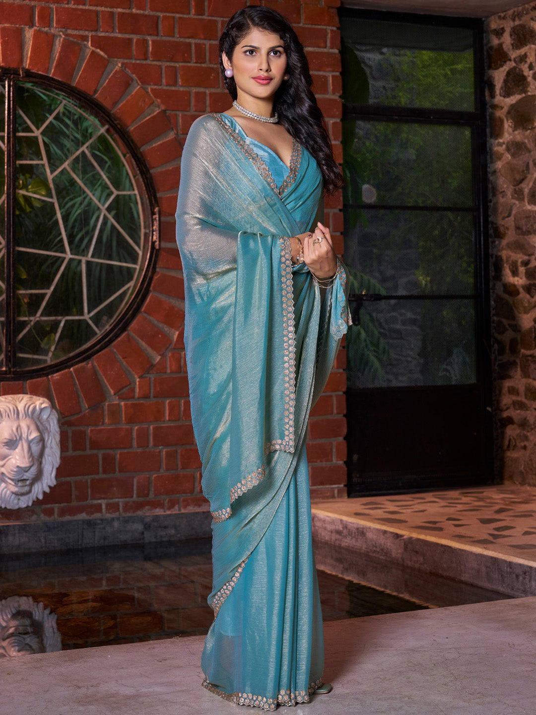 Women's Pure Chiffon Teal blue Embellished Designer Saree With Blouse Piece
