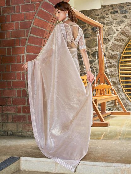 Women's Pure Silk Beige Embellished Designer Saree With Blouse Piece