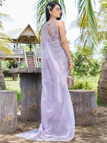 Women's Organza Lavendar Embellished Designer Saree With Blouse Piece
