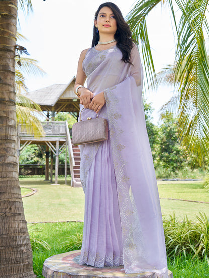 Women's Organza Lavendar Embellished Designer Saree With Blouse Piece