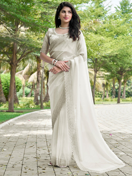 Women's Organza Off White Embellished Designer Saree With Blouse Piece