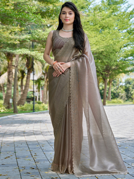 Women's Organza Brown Embellished Designer Saree With Blouse Piece