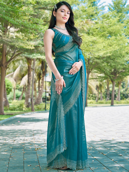 Women's Organza Blue Embellished Designer Saree With Blouse Piece