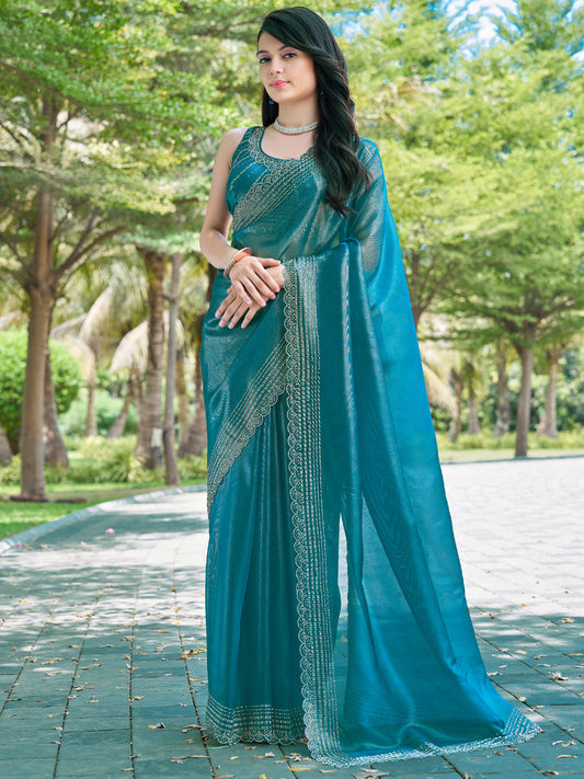 Women's Organza Blue Embellished Designer Saree With Blouse Piece