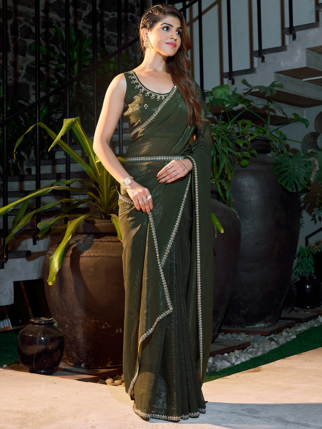 Women's Pure Chiffon Olive Embellished Designer Saree With Blouse Piece