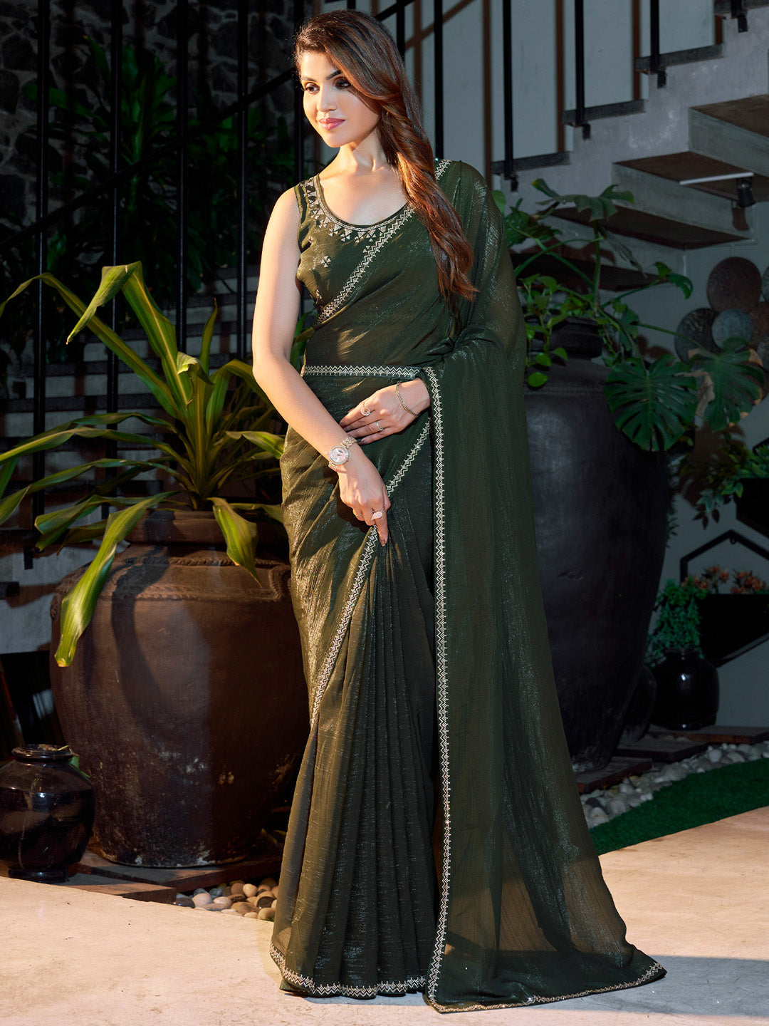 Women's Pure Chiffon Olive Embellished Designer Saree With Blouse Piece