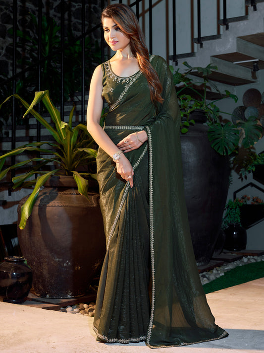 Women's Pure Chiffon Olive Embellished Designer Saree With Blouse Piece