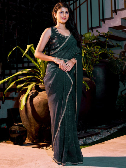 Women's Pure Chiffon Teal blue Embellished Designer Saree With Blouse Piece