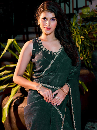 Women's Pure Chiffon Teal blue Embellished Designer Saree With Blouse Piece