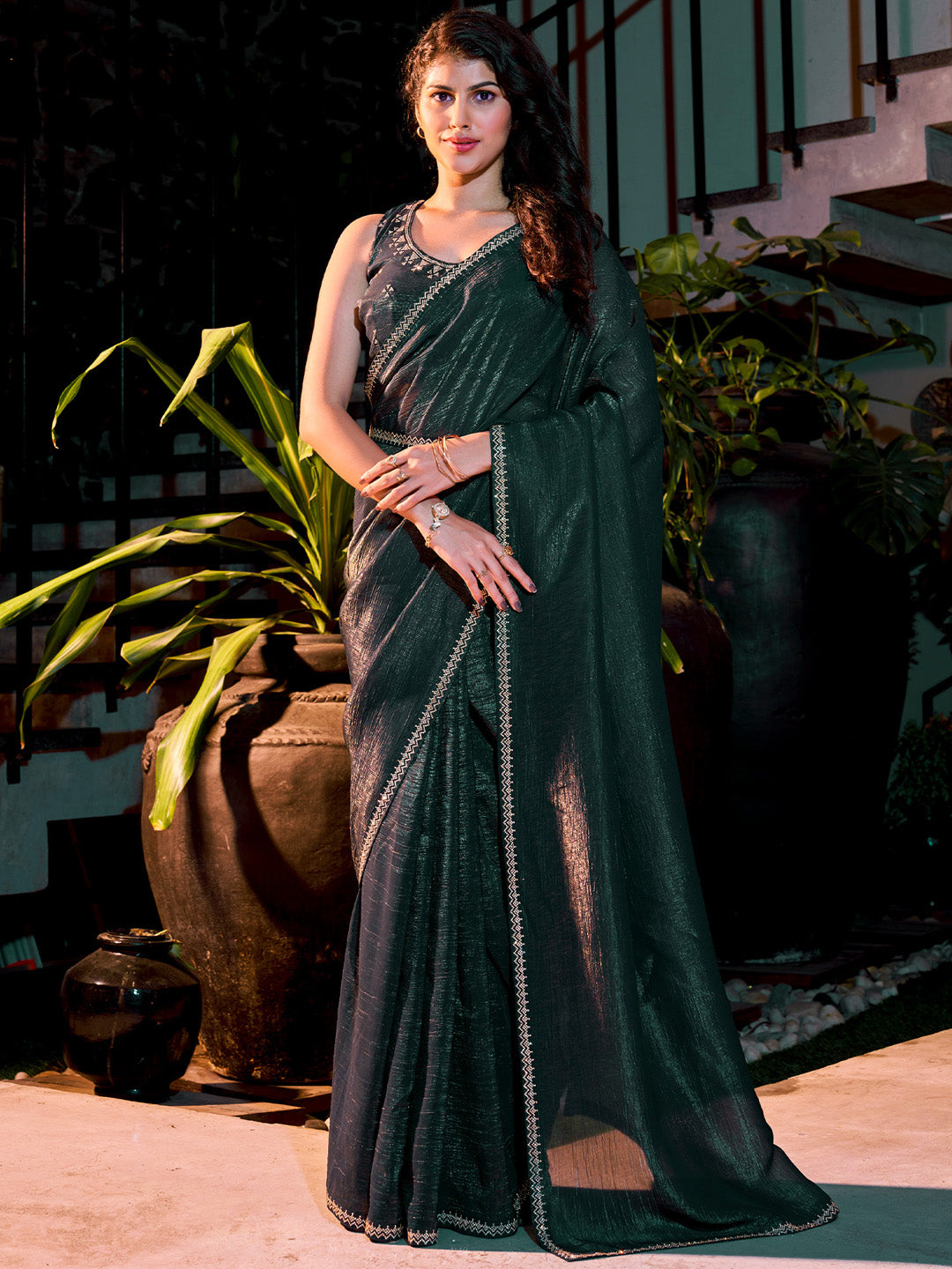 Women's Pure Chiffon Teal blue Embellished Designer Saree With Blouse Piece