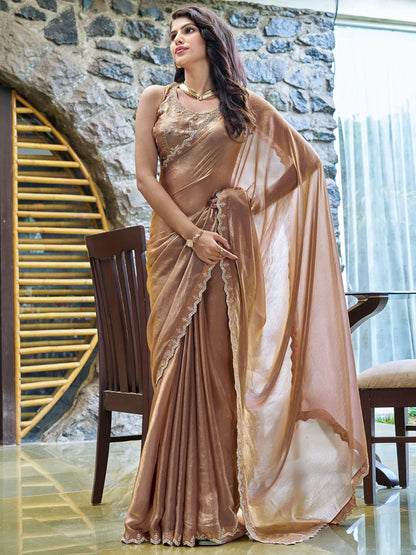 Women's Pure Chiffon Bronze Embellished Designer Saree With Blouse Piece
