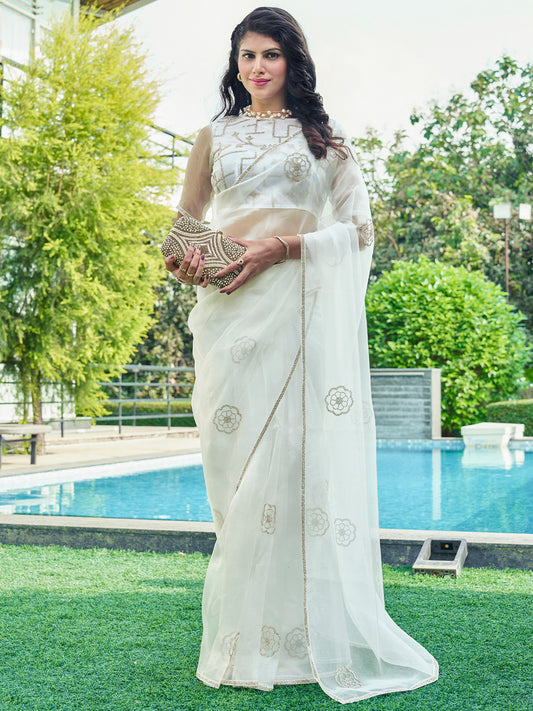 Women's Organza Off White Embellished Designer Saree With Blouse Piece