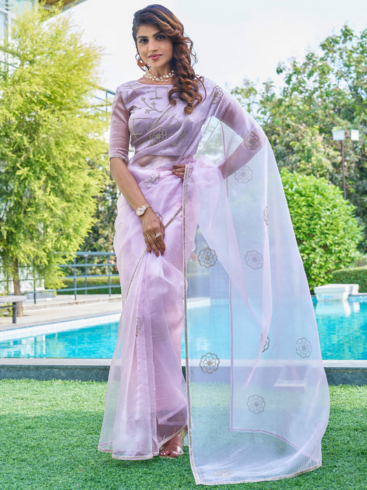 Women's Organza Lavendar Embellished Designer Saree With Blouse Piece
